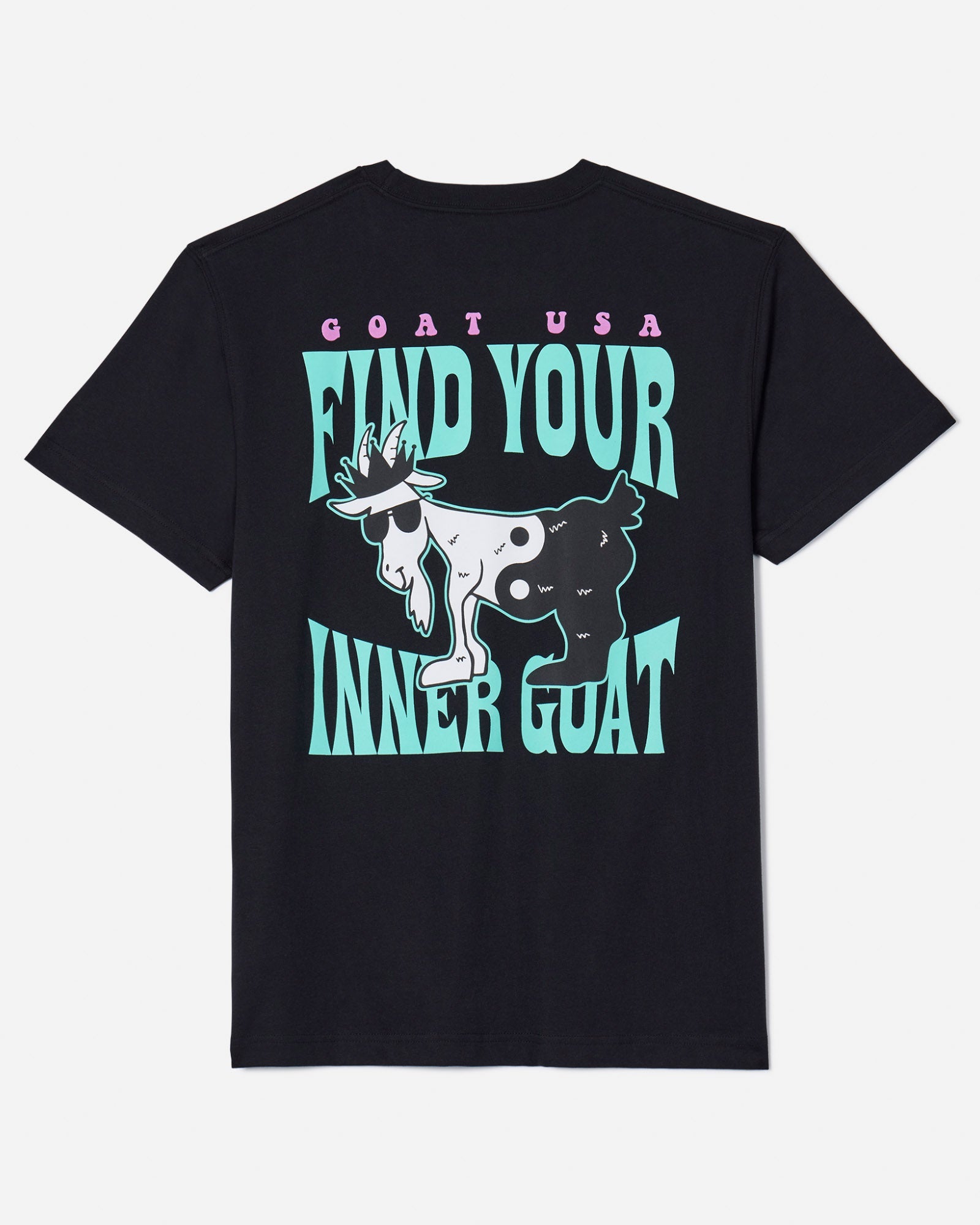Back of black t-shirt with Yin Yang Chuck the GOAT and text