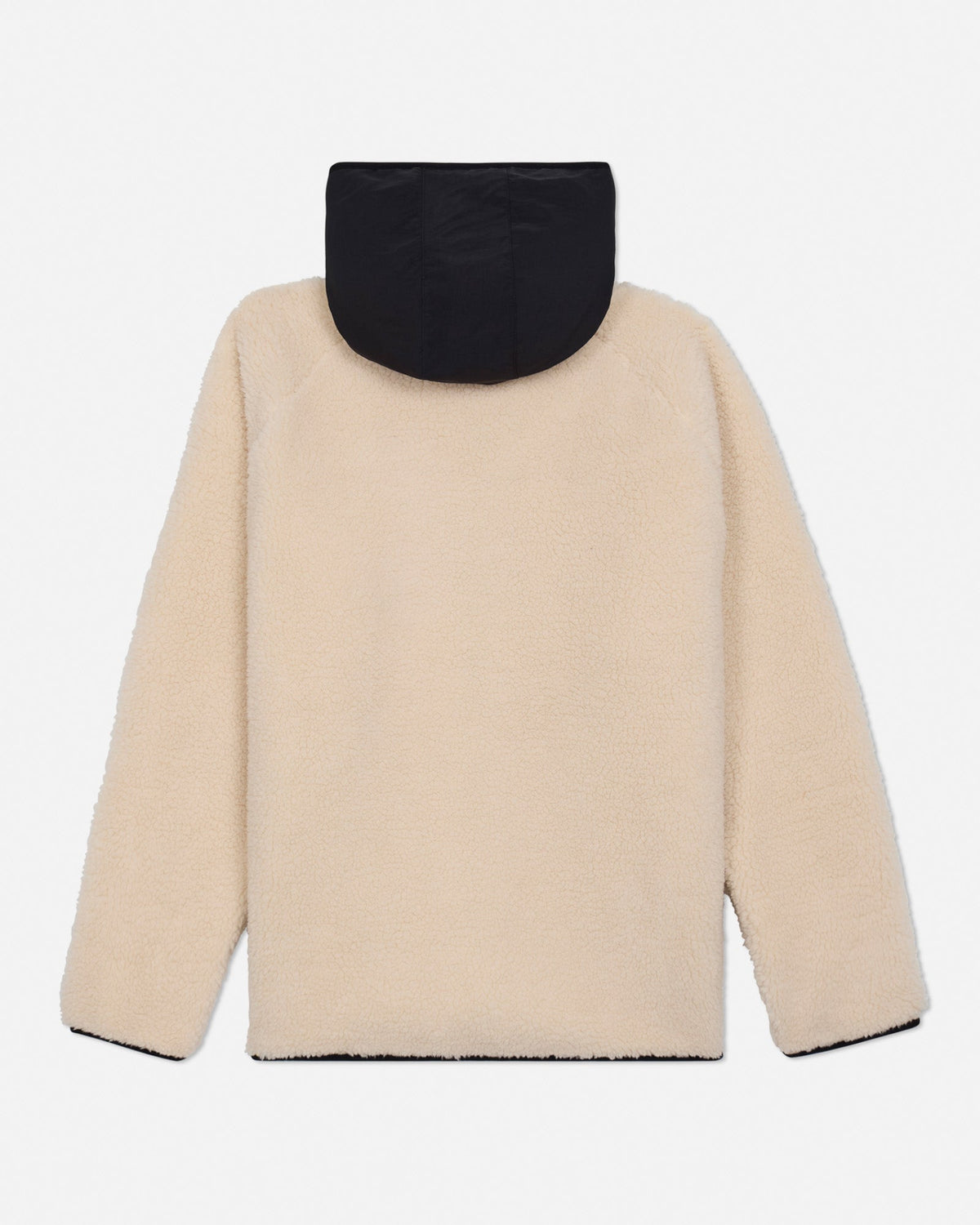 Beige fleece jacket with black hood on a light gray background