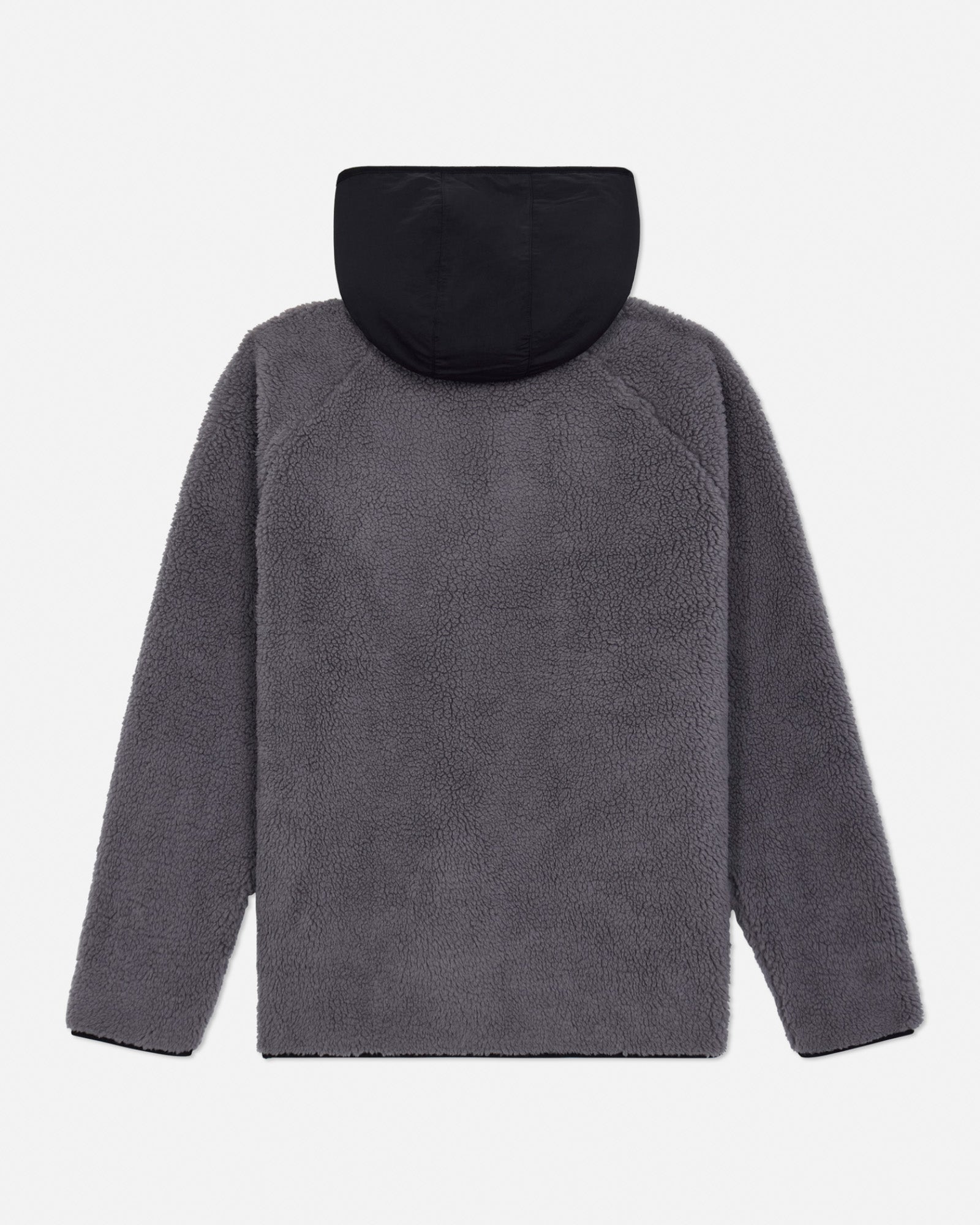 Gray fleece jacket with black hood on a light gray background#color_gray