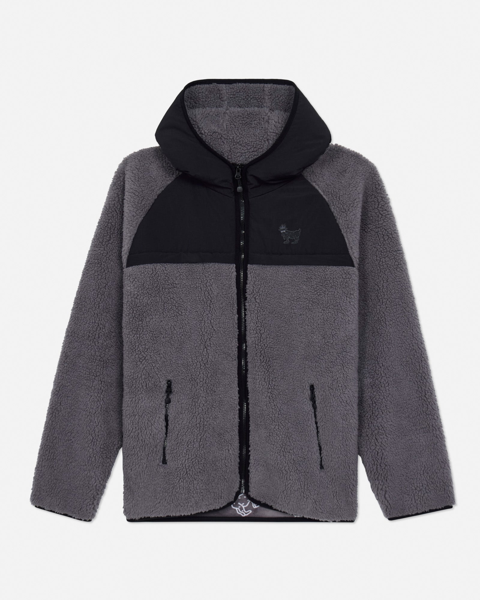 Gray and black fleece jacket with a brand logo on a light gray background#color_gray