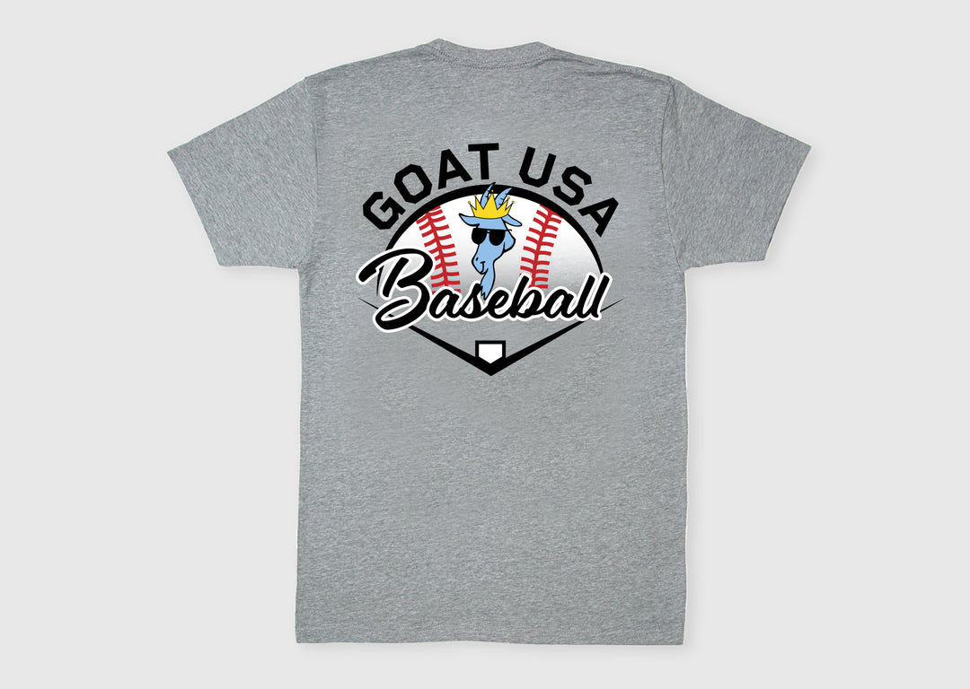 (Front)Gray t-shirt with GOAT USA Baseball graphic